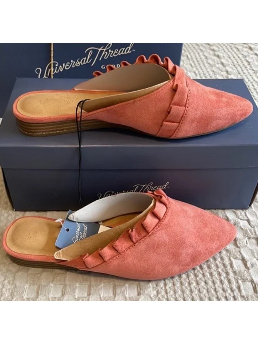 Fall Suede like Ruffle mules casual flats rust color size 5 NEW forest fairy - Picture 1 of 6
